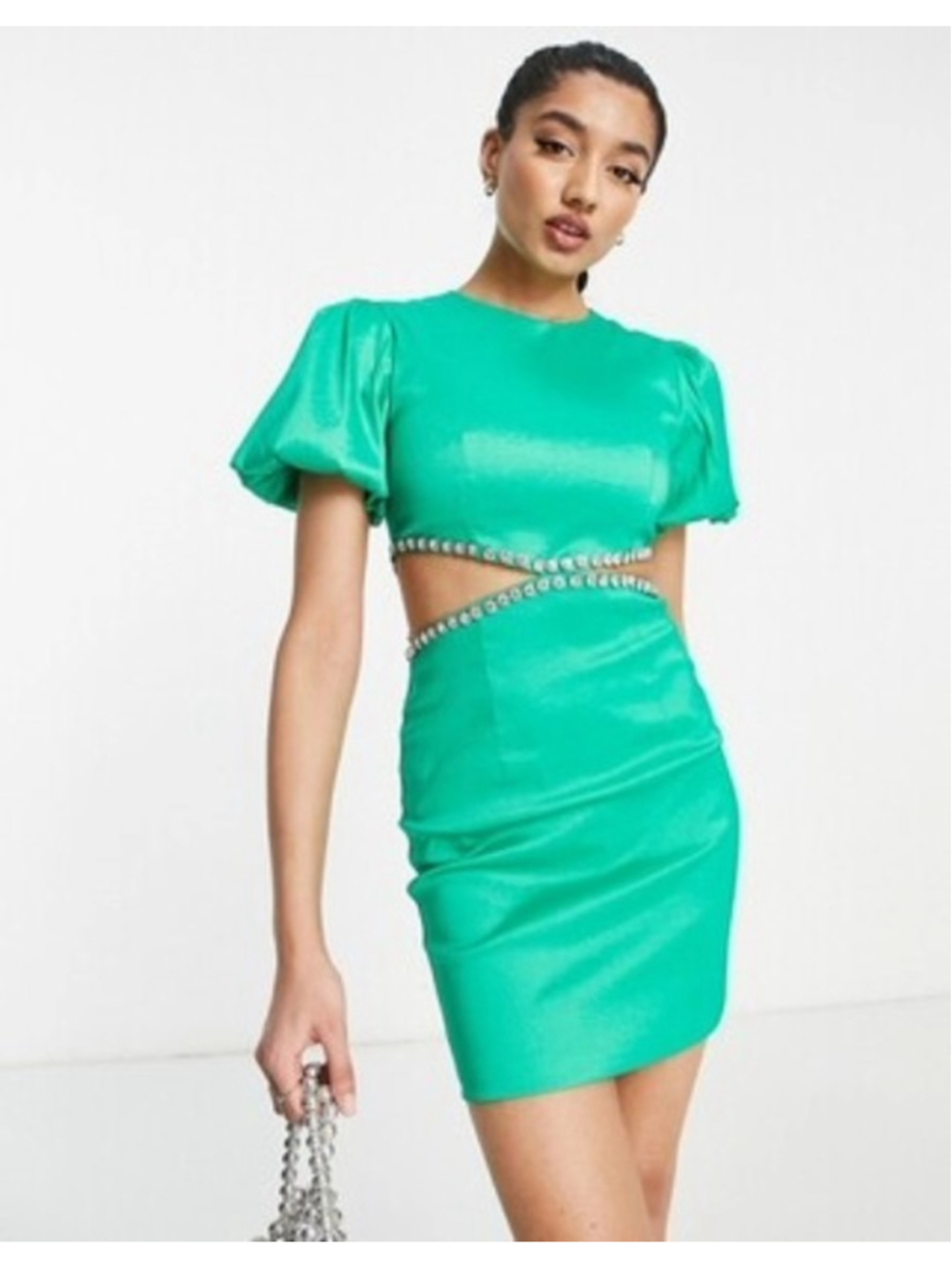 Band Of Stars Premium puff sleeve cut-out side embellished green mini dress Sz 6